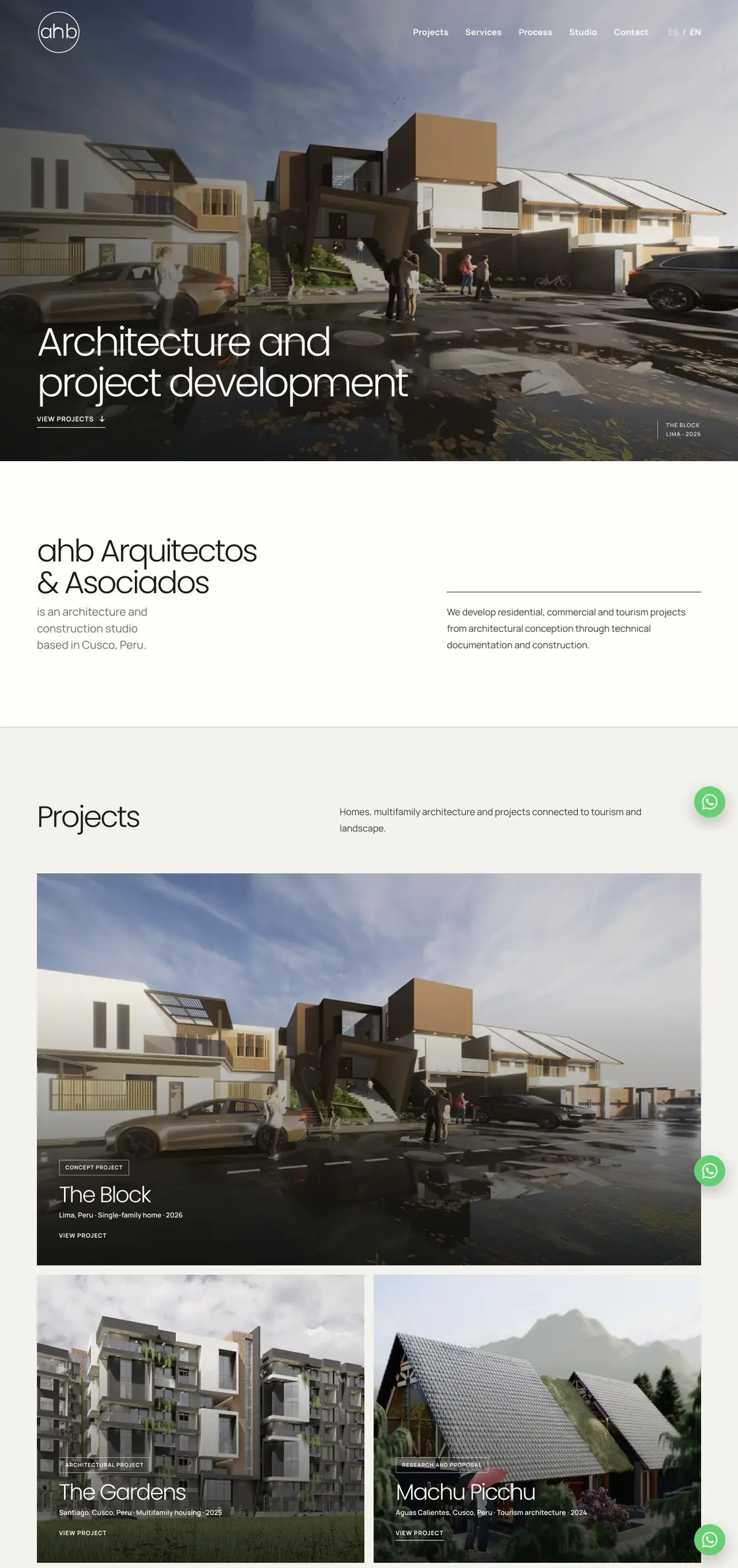 Preview of the published AHB Architects website, opening with The Block