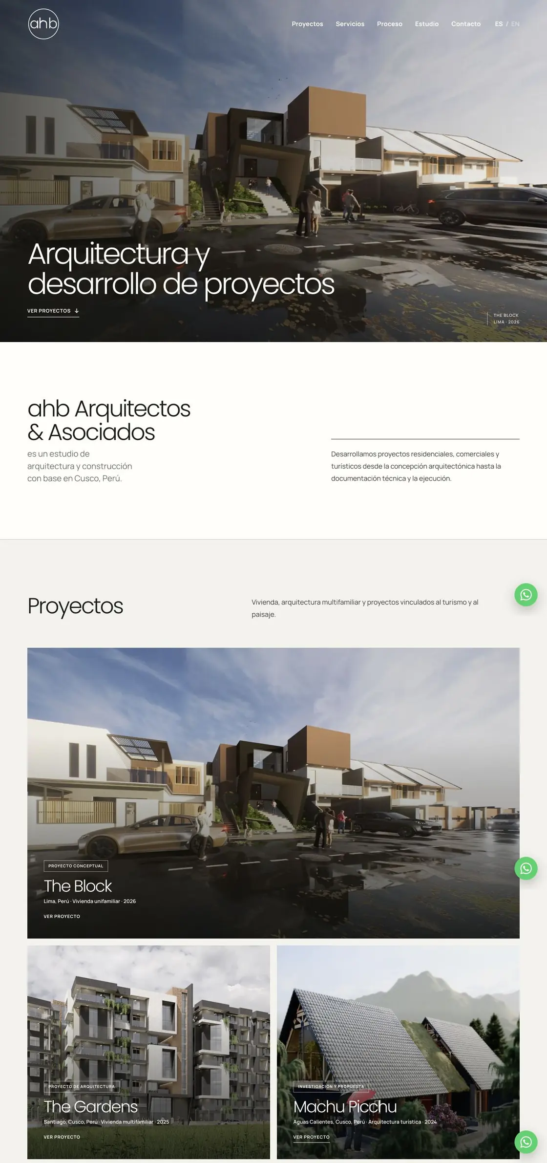 Vista de la web publicada de ahb Arquitectos, con The Block en la portada