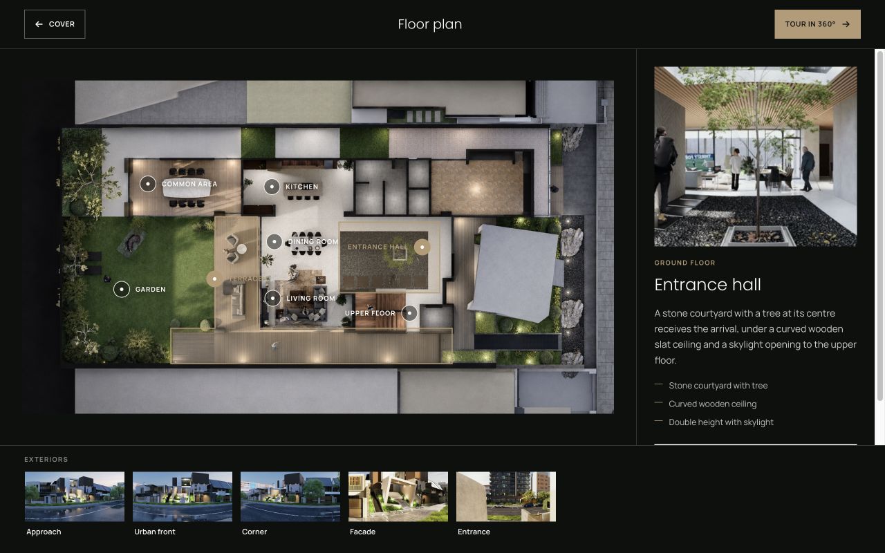 The Block interactive floor plan with room markers, exterior previews and an entrance hall description