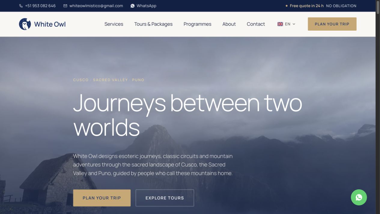 Web de White Owl, agencia de viajes: fotografía de destino, presentación de experiencias y navegación